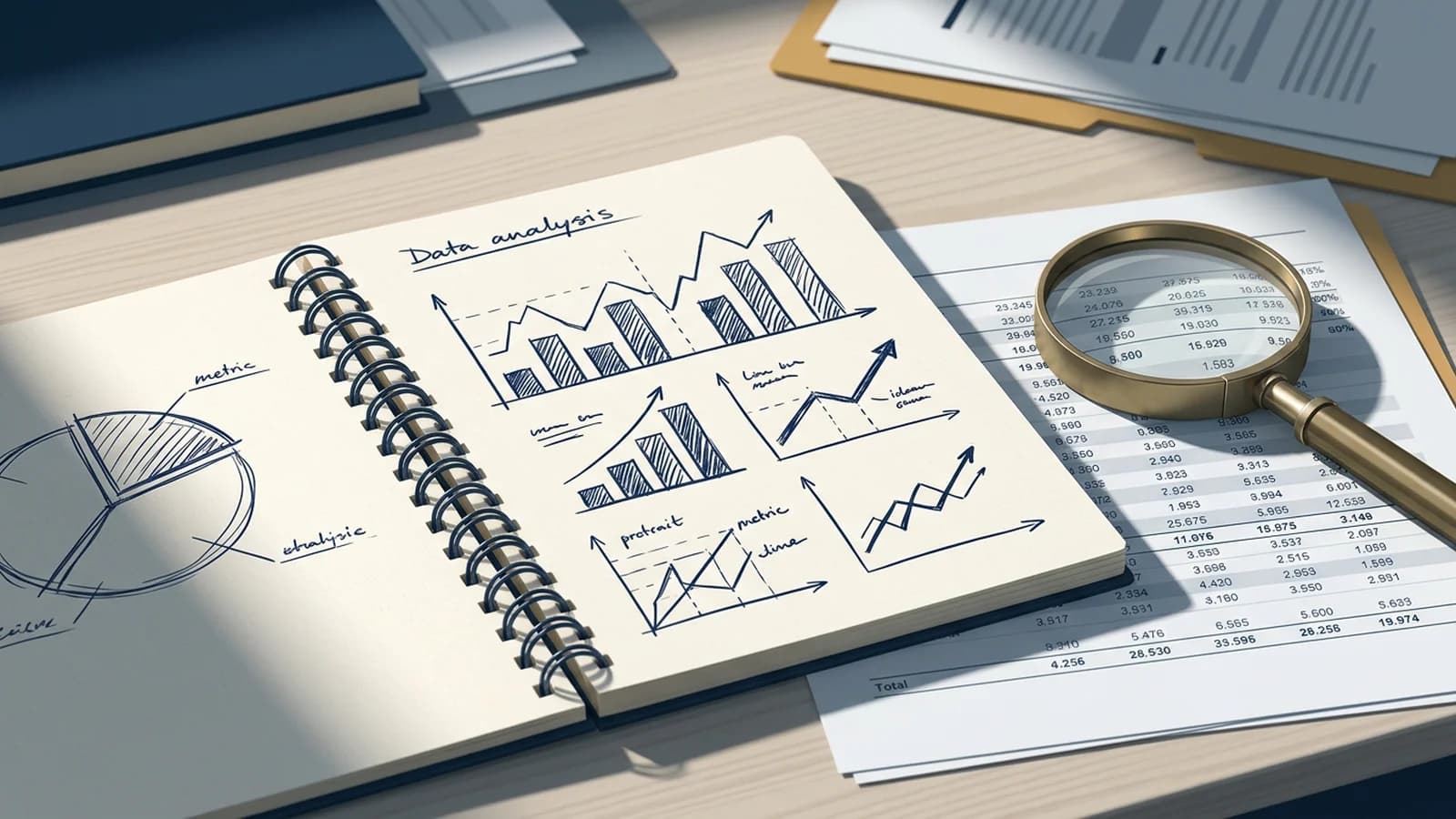 Cuaderno con bocetos de gráficas y lupa sobre tabla de datos: imagen editorial sobre análisis.