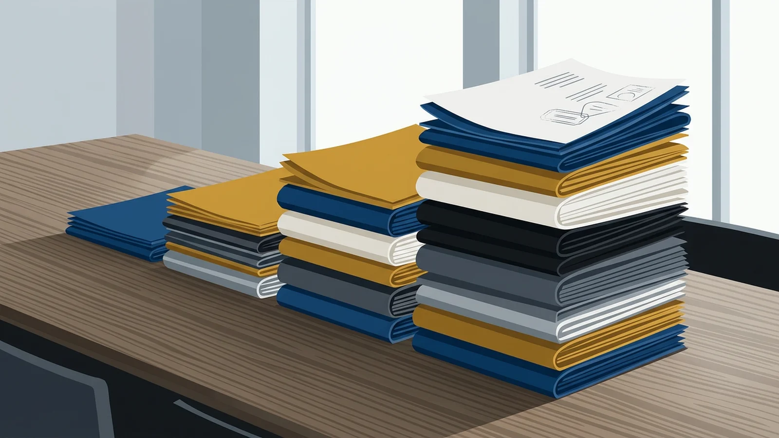 Documentos doblados en altura creciente sobre mesa de madera, símbolo de carrera y progresión.
