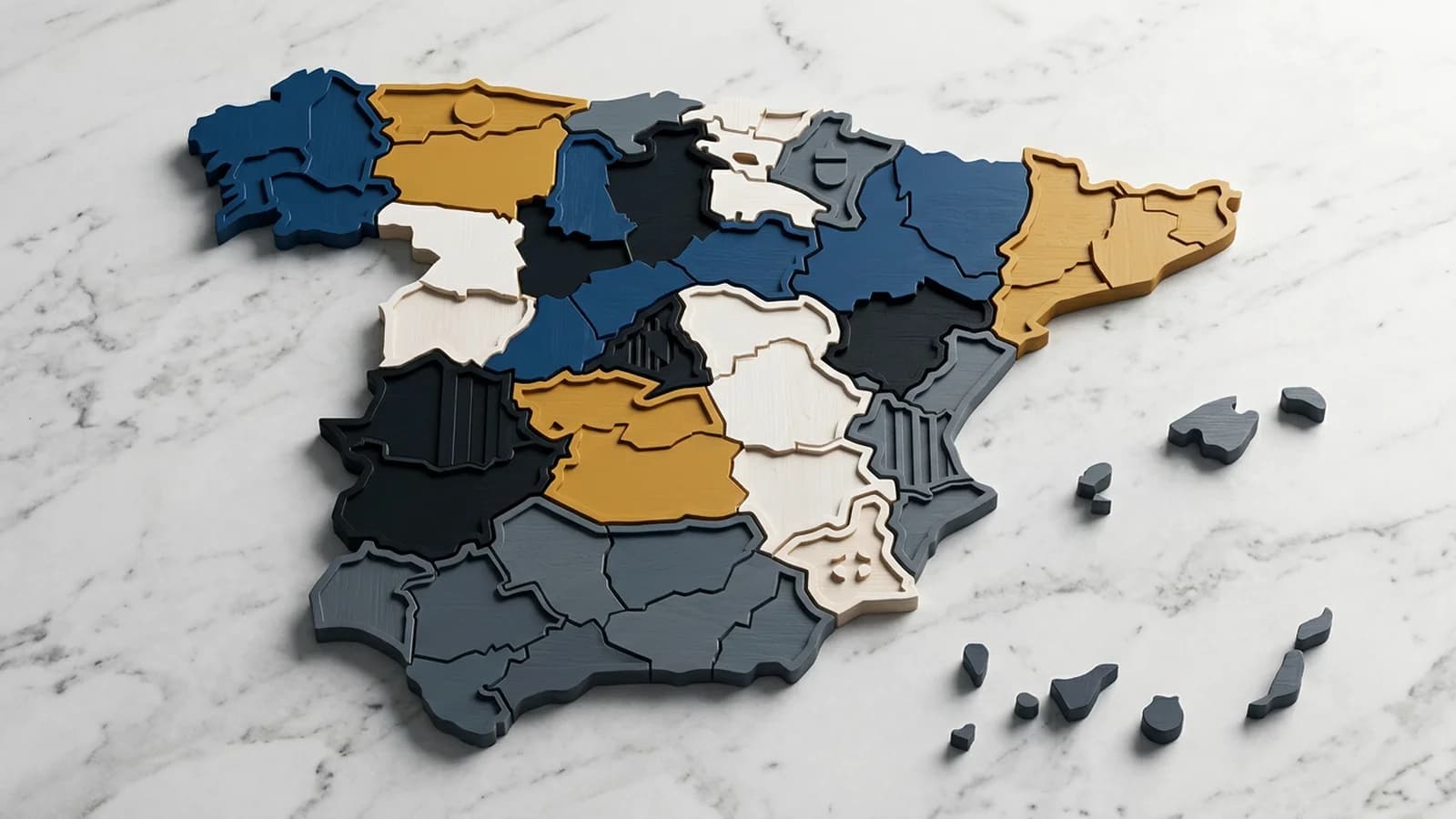 Cuadrícula abstracta de teselas de madera en disposición geográfica: cartograma editorial de CCAA.
