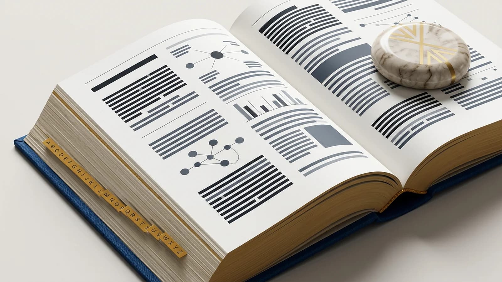 Libro grueso con índice alfabético metálico y pisapapeles de mármol: imagen sobre glosario.
