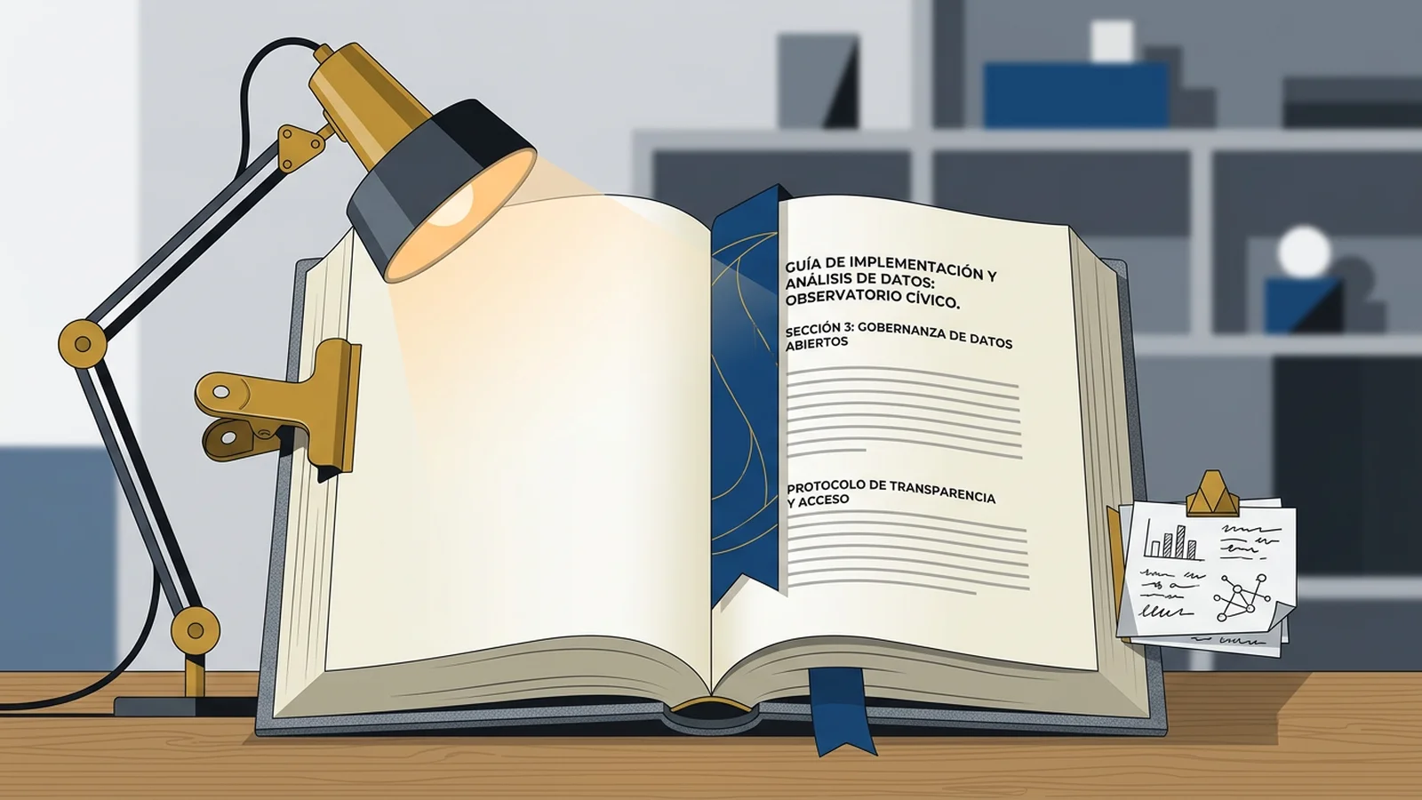 Libro abierto con marcapáginas y luz cálida sobre la página: imagen editorial sobre guías.