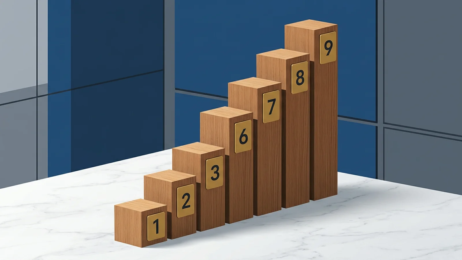 Escalera ascendente de bloques de madera con etiquetas numéricas: imagen sobre niveles de complemento de destino.