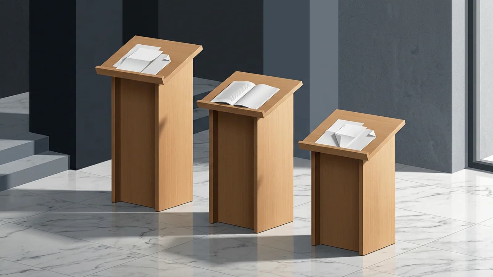 Tres atriles de madera en altura decreciente con papeles plegados: imagen editorial sobre rankings.