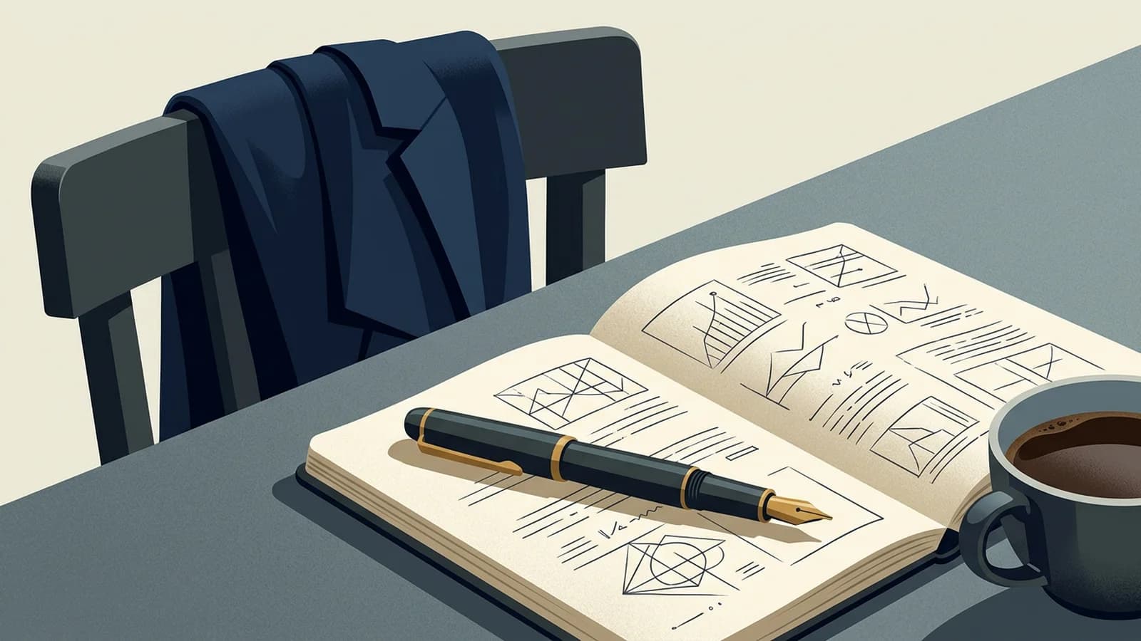 Pluma sobre cuaderno con anotaciones, taza y silla de madera: imagen editorial sobre el autor.